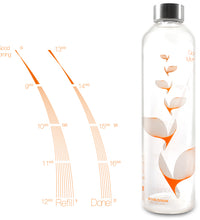 DrinkIt Now Flipper Orange, Animierende Wasserflasche mit Deckel aus Edelstahl. 1 Liter Füllmenge, Skala von 8.00 bis 18.00 Uhr. Dekor orange