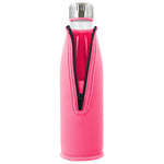 boddels DREE 650 ml, Trinkflasche aus Borosilikat-Glas, farblich passendern Neoprenübzug mit Karabinerhaken, Dekor himbeerrot