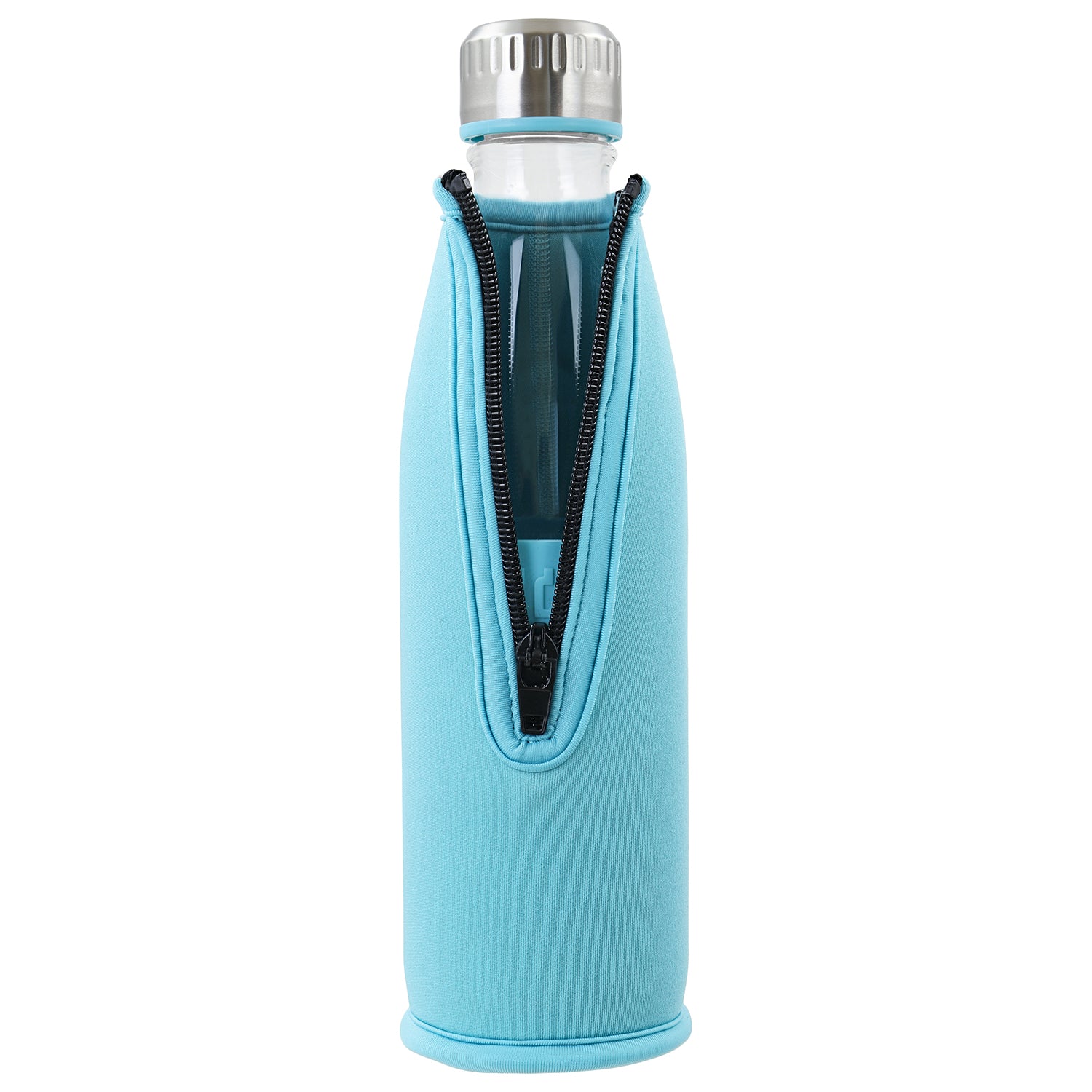 boddels DREE 650 ml, Trinkflasche aus Borosilikat-Glas, farblich passendern Neoprenübzug mit Karabinerhaken, Dekor türkisblau