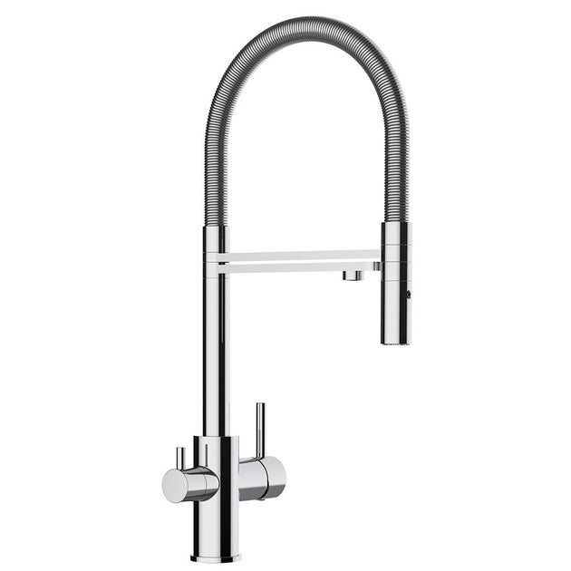 3-Wegehahn WS3-122 chrom Spiralschlauch, Kombiarmatur, Kalt-, Warm- und Filterwasser, Messing verchromt