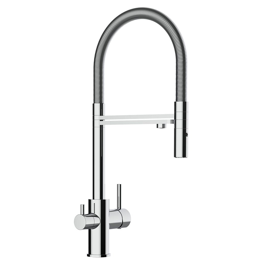 3-Wegehahn WS3-122 chrom Spiralschlauch, Kombiarmatur, Kalt-, Warm- und Filterwasser, Messing verchromt