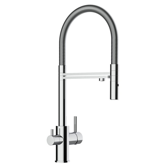 3-Wegehahn WS3-122 chrom Spiralschlauch, Kombiarmatur, Kalt-, Warm- und Filterwasser, Messing verchromt