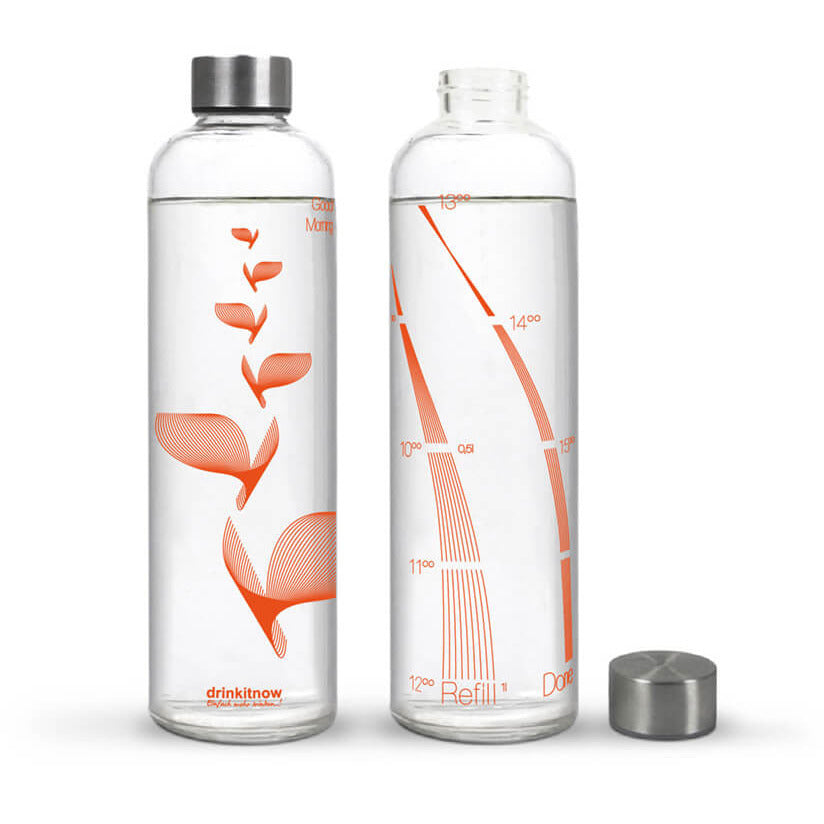 DrinkIt Now Flipper Orange, Animierende Wasserflasche mit Deckel aus Edelstahl. 1 Liter Füllmenge, Skala von 8.00 bis 18.00 Uhr. Dekor orange