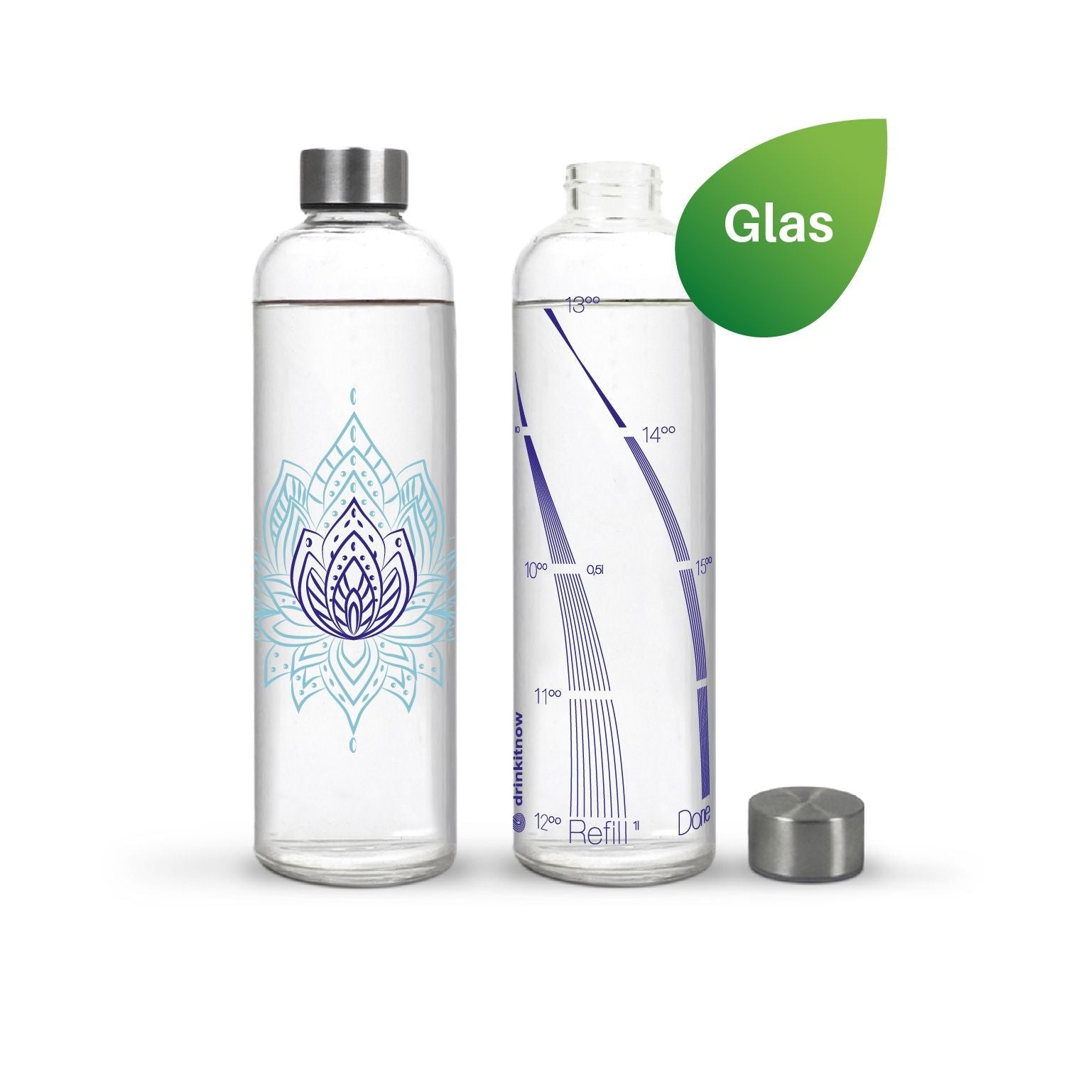 1-Liter Glas-Trinkflasche: Jetzt gibt es die Trinkerinnerung von drinkitnow auch für unterwegs.