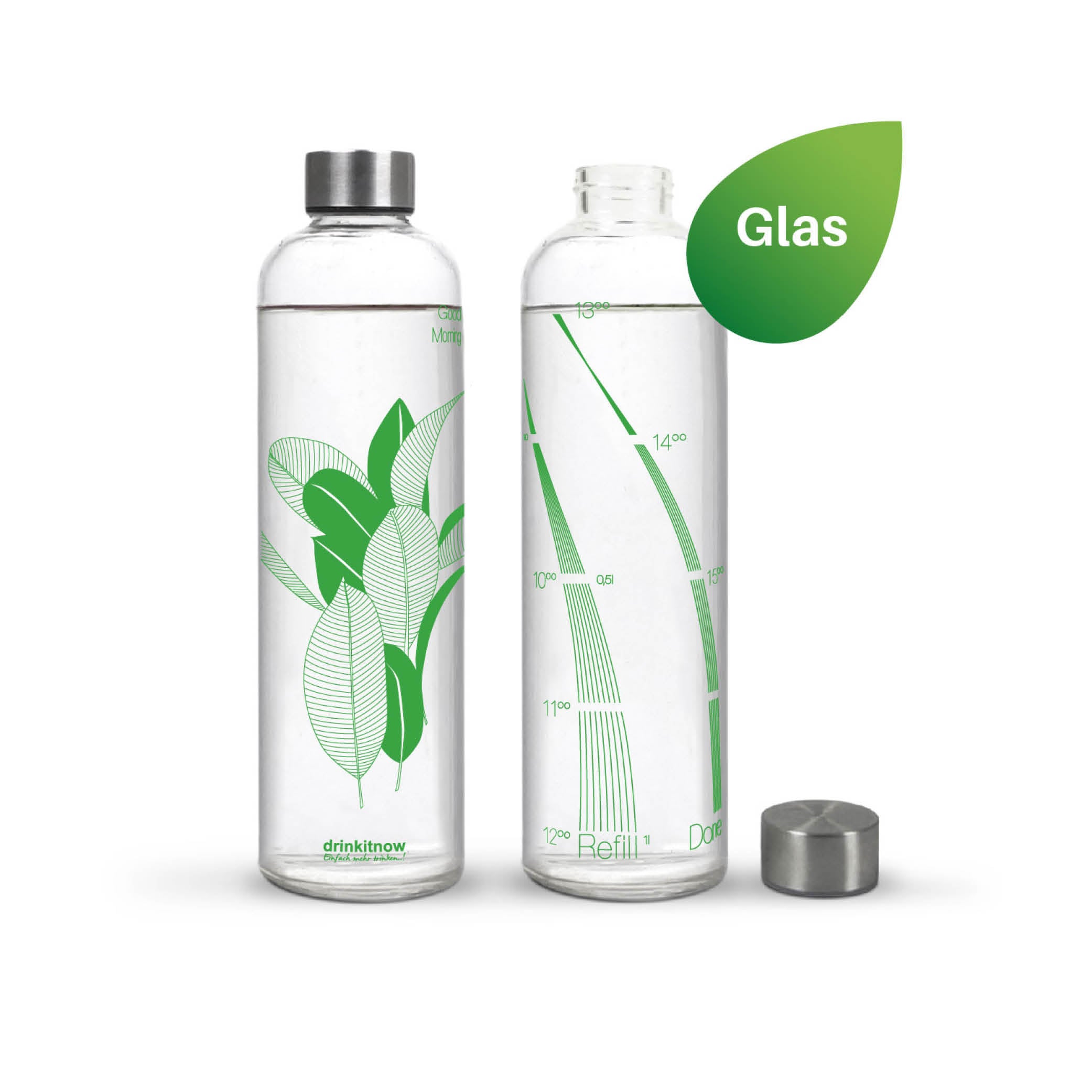 1-Liter Glas-Trinkflasche: Jetzt gibt es die Trinkerinnerung von drinkitnow auch für unterwegs.